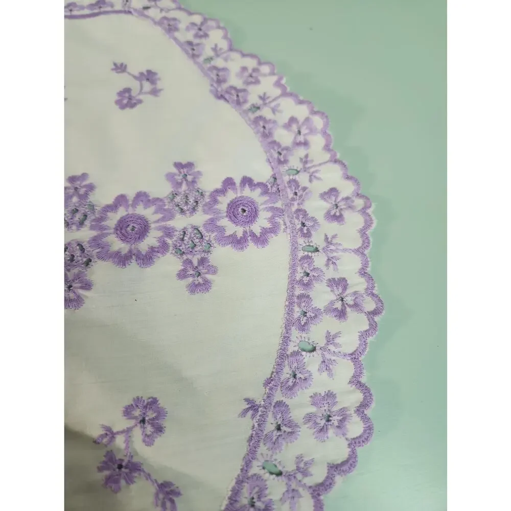 Vintage Embroidered Dresser Scarf 59x15 Purple Floral Cutwork Table Runner